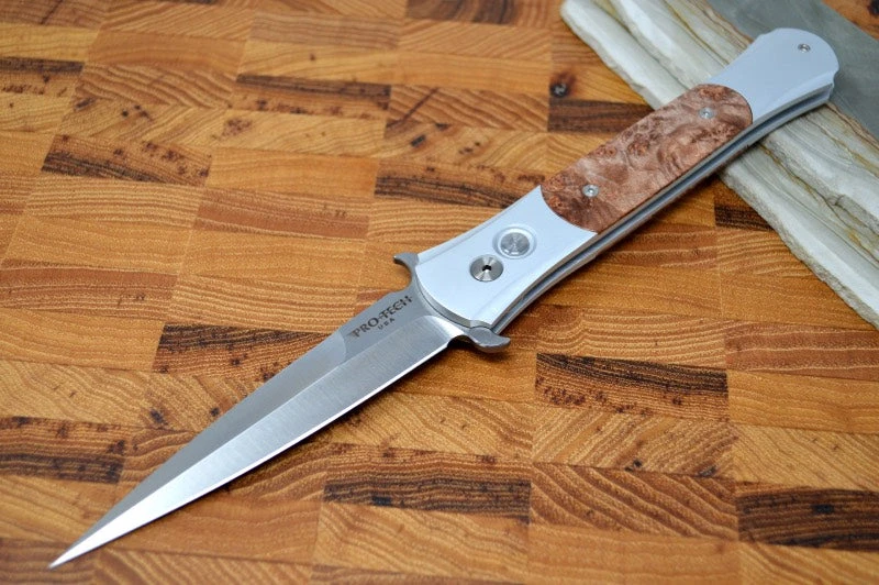 Pro Tech "The Large Don" Auto - Silver Aluminum Handle Maple Burl Inlays - Satin 154CM Blade 1 Pro Tech "The Large Don" Auto - Silver Aluminum Handle Maple Burl Inlays - Satin 154CM Blade