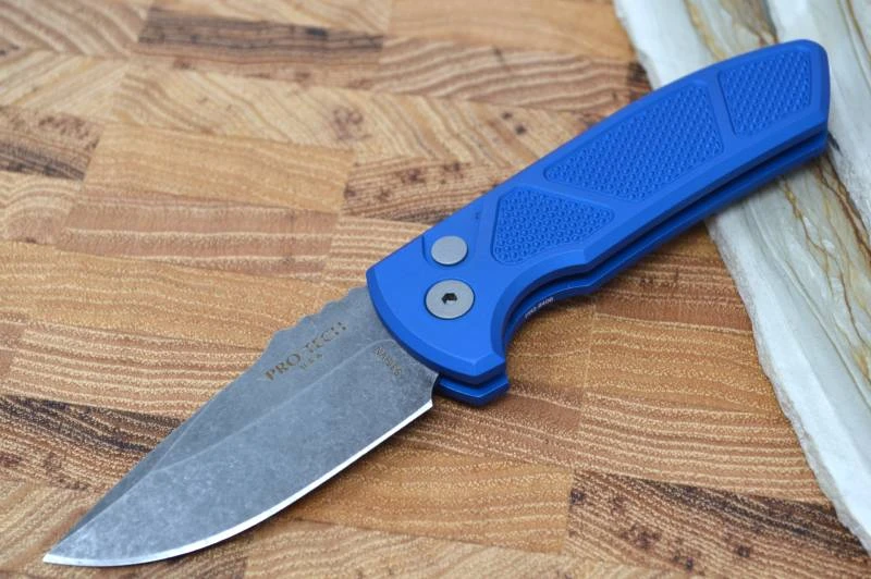 Pro Tech SBR Auto - Blue Knurled Handle / Acid Washed Plain Blade 1 Pro Tech SBR Auto - Blue Knurled Handle / Acid Washed Plain Blade