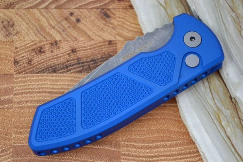 Pro Tech SBR Auto - Blue Knurled Handle / Acid Washed Plain Blade 4 Pro Tech SBR Auto - Blue Knurled Handle / Acid Washed Plain Blade - Image 4