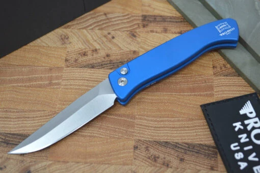 Pro Tech Small Brend Auto - Blue Handle - Satin Plain Edge Blade -Pro-Tech Knives Shop DSC 2901
