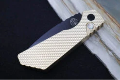 Pro Tech Strider PT+ Auto - Textured Bronzed Aluminum Handle / Black DLC Finish / Magnacut Steel / Black Hardware & Clip / Abalone Push Button Inlay PT236 -Pro-Tech Knives Shop IMG 2944 7ef156e4 2589 4e2c 9bf1 76339778a001