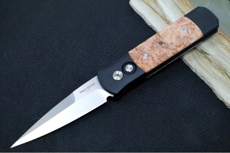 Pro Tech Godson Auto - Black Handle W/ Maple Burl Insert - 154CM Satin Blade 706 1 Pro Tech Godson Auto - Black Handle W/ Maple Burl Insert - 154CM Satin Blade 706
