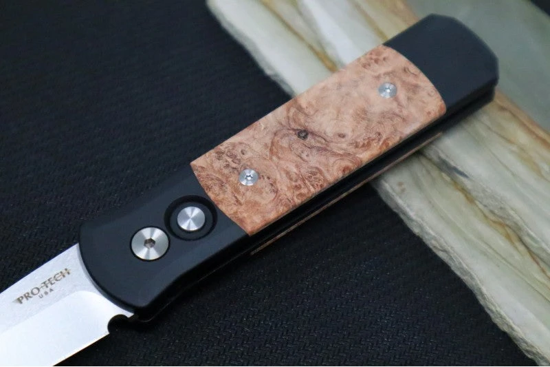 Pro Tech Godson Auto - Black Handle W/ Maple Burl Insert - 154CM Satin Blade 706 2 Pro Tech Godson Auto - Black Handle W/ Maple Burl Insert - 154CM Satin Blade 706 - Image 2