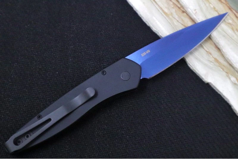 Pro Tech Newport Auto - Black Aluminum Handle / CPM-S35VN Steel / Sapphire Finish / Abalone Push Button 3407-SB 2 Pro Tech Newport Auto - Black Aluminum Handle / CPM-S35VN Steel / Sapphire Finish / Abalone Push Button 3407-SB - Image 2
