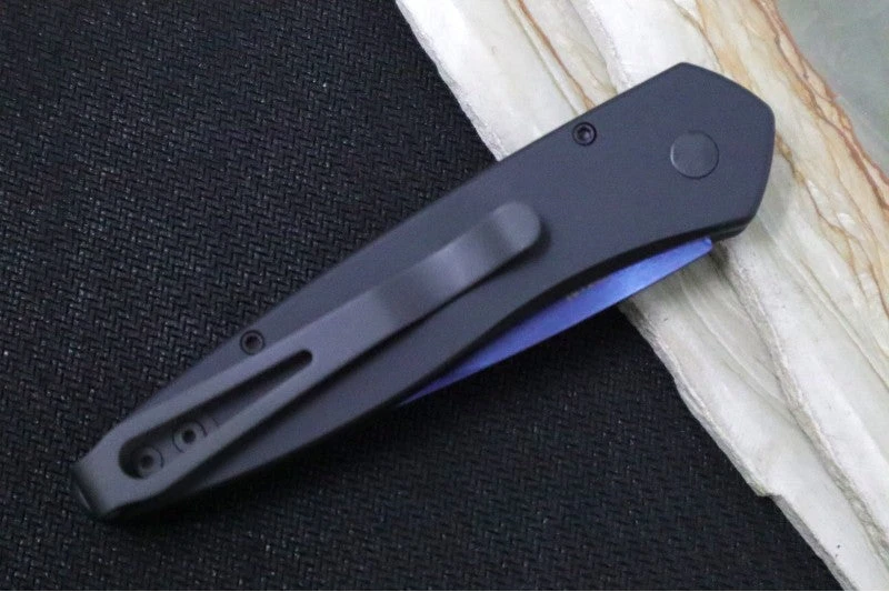 Pro Tech Newport Auto - Black Aluminum Handle / CPM-S35VN Steel / Sapphire Finish / Abalone Push Button 3407-SB 4 Pro Tech Newport Auto - Black Aluminum Handle / CPM-S35VN Steel / Sapphire Finish / Abalone Push Button 3407-SB - Image 4
